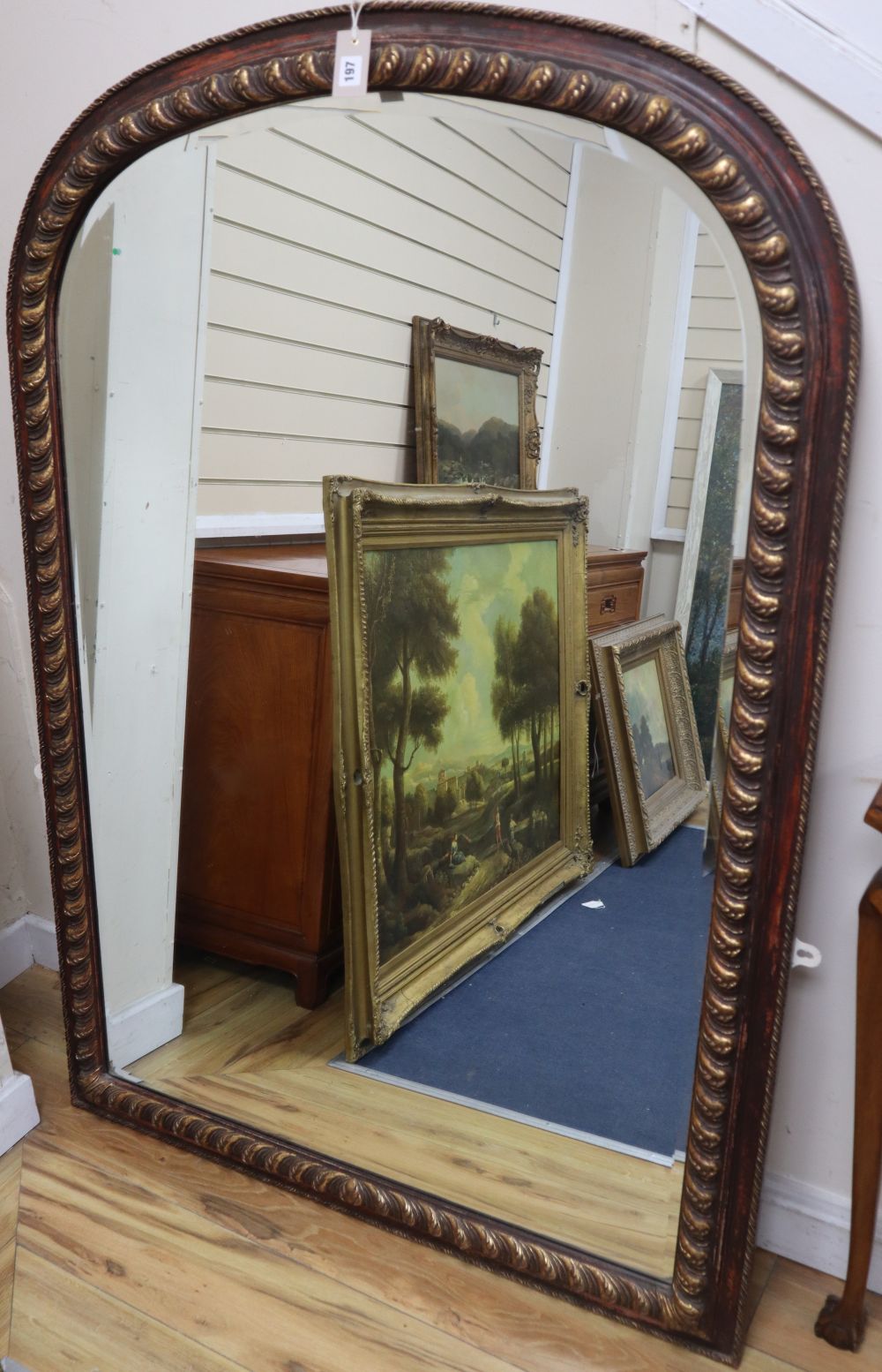 A Victorian style arched overmantel mirror, width 106cm, height 150cm